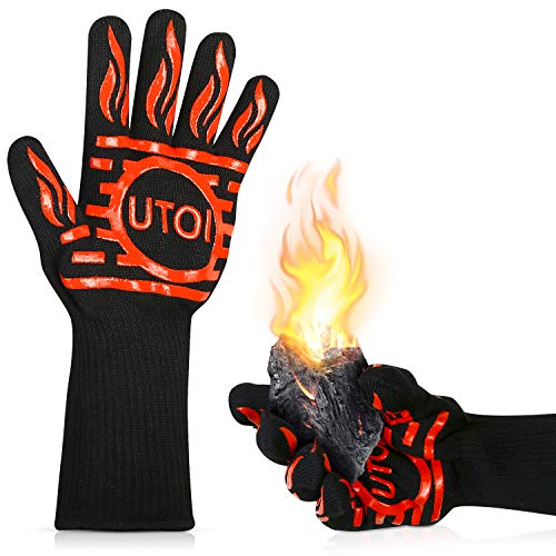 BBQ Grill Gloves, 1472°F Heat Resistant, Long Cuff, XL Non-Slip | Designed for campfire cooking, fire pits, smokers and grilling with silicone grip, EN407 certified protection. - color: Red and Black Bbq Gloves