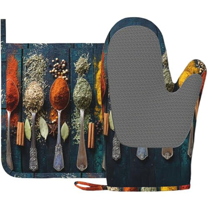 Various Herbs and Spices Oven Mitts and Pot Holders Sets Non-Slip Silicone Surface for BBQ Gloves,Kitchen,Cooking,Baking,Grilling - color: Various Herbs and Spices