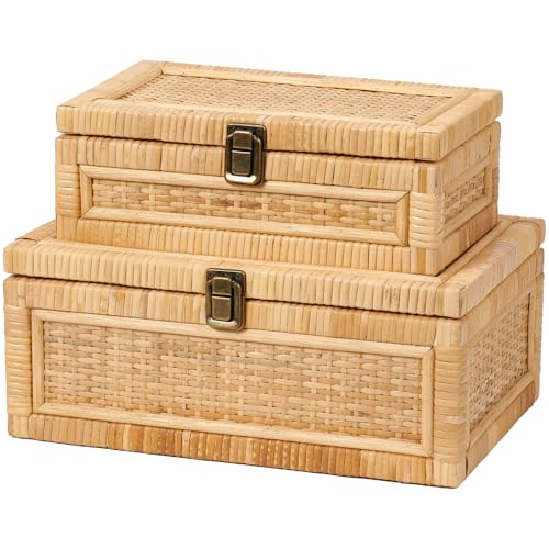 2PCS Rattan Box with Lid Decorative Natural Handmade Boho Basket | Keepsake Memory Jewelry Container, Rectangular Desk Shelf Closet Organizer, Woven Wicker Cane Bins, Small & Large - color: Natural, size: Set of 2 (1 Large 1 Small)