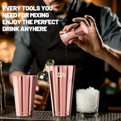 IOV Boston Cocktail Shaker Bar Set, Bartender Kit Drink Mixer Set with 18 oz & 28 oz Boston Shakers, Hawthorne Strainer, Double Jigger, Bar Tool Kit and Recipe Booklet - Rose Gold - color: 3 Pcs - Rose Gold