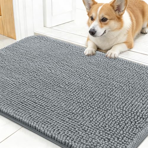OLANLY Dog Door Mat for Muddy Paws 24x16, Super Absorbent Chenille Mud Mat | Grey, Absorbs Moisture and Dirt, Non-Slip Machine Washable Doormat, Quick-Drying Indoor Entryway Floor Carpet for Dogs - color: Grey, size: 24" X 16"
