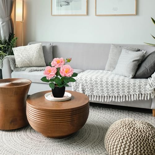 Hollyone Artificial Plants & Flowers with Vase Dark Pink Roses Artificial Flowers Small Potted Plant Faux Silk Flower with Black Pot Fake Rose Flower Arrangement Office Shelf Desk Home Decor 11 Inch - color: Rose 2 - Dark Pink (11inch)