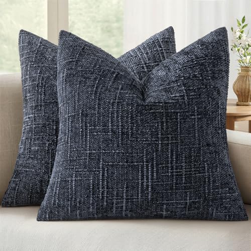 MIULEE Chenille Textured Throw Pillow Covers Navy Blue 18x18 Set of 2 | Slubby Decorative Pillows, Boho Farmhouse Coastal Decor, Modern Neutral Cushion Covers for Couch Sofa Bed Living Room - color: Navy Blue, size: 18" x 18" (Pack of 2)