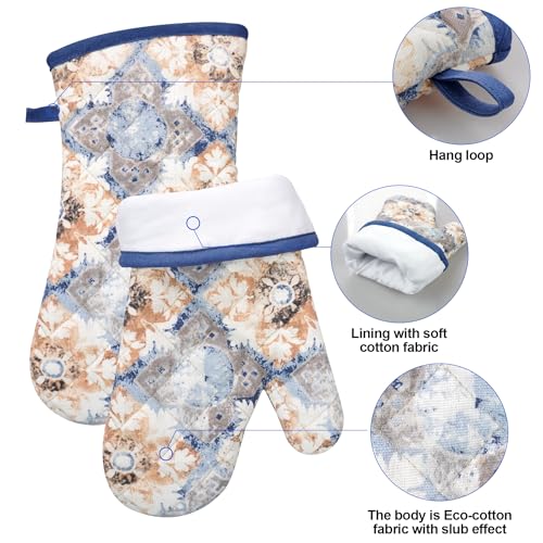 Oven Mitts and Pot Holders with Cooking Apron Set of 5, Heat Resistant Kitchen Gloves and Silicone Non-Slip Potholders, Adjustable Neck Buckle Chef Apron, Cotton Nice Design for Cooking (Blue Retro) - color: Blue Retro