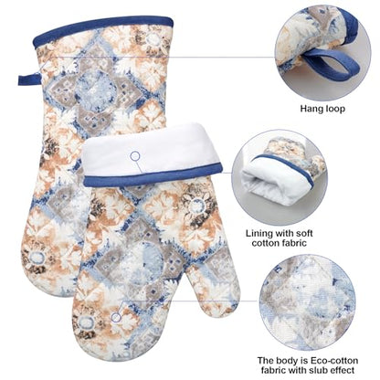 Oven Mitts and Pot Holders with Cooking Apron Set of 5, Heat Resistant Kitchen Gloves and Silicone Non-Slip Potholders, Adjustable Neck Buckle Chef Apron, Cotton Nice Design for Cooking (Blue Retro) - color: Blue Retro
