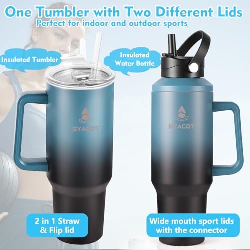 40 oz Tumbler with Handle and Straw or Convert to 40 oz Insulated Water Bottle Fits in Cup Holder. Stainless Steel Metal Water Flask with 2 Lids for Travel,Camping,Gym Sports Coffee Mug Thermal Cup - color: Indigo Black