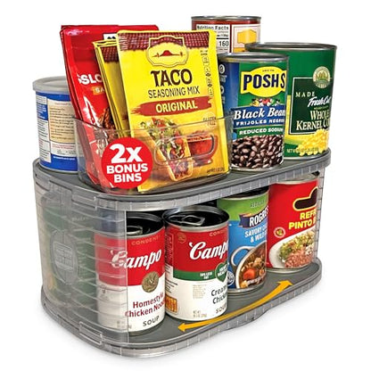 2-Tier Lazy Susan Pantry Organizer – Steel Reinforced Turntable for Kitchen Cabinets & Pantry Storage – Heavy-Duty Can Organizer Holds Up to 30 lbs – Rotates 360° – Includes 2 Bonus Bins | Two Rotating Steel-Reinforced Shelves, Holds 30 lbs, 360-Degree Ro