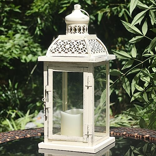 Lantern Decorative Indoor&Outdoor, 14.4'' Large Metal Candle Lanterns, Vintage Hanging Candle Holders Farmhouse Shelf Wedding Front Porch Patio Decor, Christmas Halloween Decorations for Home - color: Begie / 14.4’’h