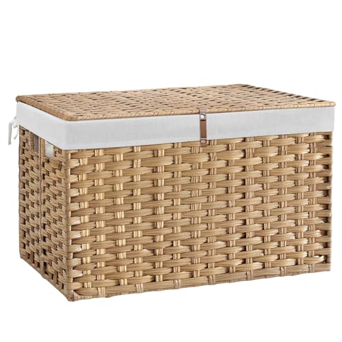 180L Wicker Storage Basket with Lid, Handwoven Rattan Large Shelf Basket with Removable Liner, 47.6 Gallon Wicker Basket for Blanket, Storage Trunk with Handle for Closet, Bedroom, Livingroom, Natural - color: Natural