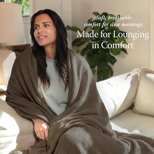 Threadmill Luxury Cotton Blankets for Queen Size Bed | All-Season 100% Cotton Queen Size Blanket | Herringbone Cozy, Soft Breathable Fall Thermal Blanket fits Full Size Bed | Espresso - color: Espresso, size: Queen (90" x 92")