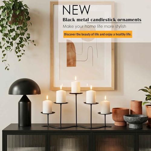 Wrought Iron 5-Arm Candle Stand, Heavy Duty S-Wave Pillar Holder | Black Metal Pillar Holder Stand, S-shaped Wave Base, for Outdoor Wedding Christmas Party, Tool-free Screw-in Design - color: S-5 Candles