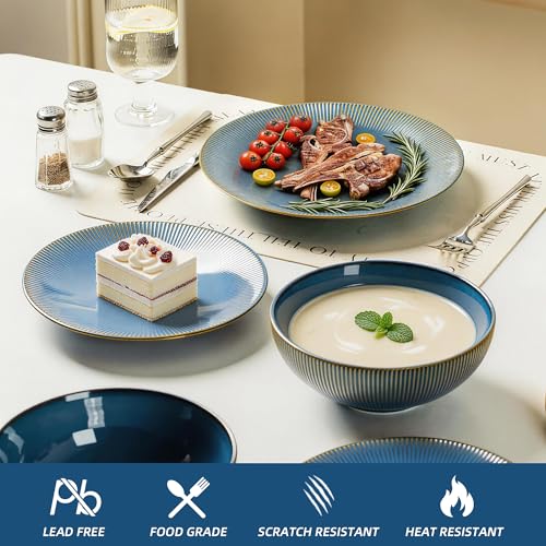 Dinnerware Sets for 4, 12 Piece Stoneware Plates and Bowls, Blue | 12 piece stoneware set for 4 with ribbed texture; dinner plates, salad plates and 33 oz bowls, microwave, dishwasher safe.
