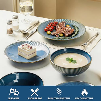 Dinnerware Sets for 4, 12 Piece Stoneware Plates and Bowls, Blue | 12 piece stoneware set for 4 with ribbed texture; dinner plates, salad plates and 33 oz bowls, microwave, dishwasher safe.