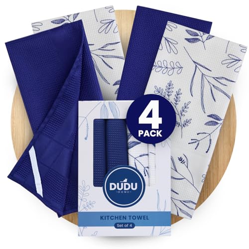 DUDU Home Navy Blue Kitchen Towels with Hanging Loop, Quick Dry Towel, Decorative Set of 4, Premium Waffle Weave Microfiber, Floral, 16 x 24, Modern - color: Navy Blue, style: Modern