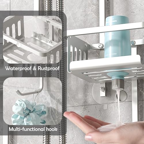 Aluminum Shower Caddy Hanging for Handheld Showerheads, Never Rust Shower Organizer with Hooks Holder Toothbrush Holder，Over Showerhead Caddy for Bathroom - color: Silvery