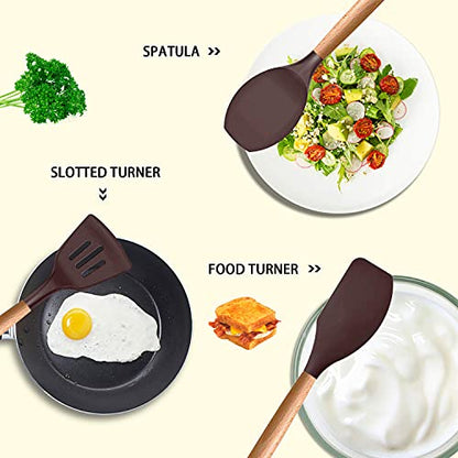 MIBOTE Silicone Cooking Kitchen Utensils Set, Wooden Handle, Coffee | BPA-Free, Non-Toxic Silicone Turner, Tongs, Spatula, Spoon Set – Great for Nonstick Cookware, Heat-Resistant, Easy Clean - color: Coffee