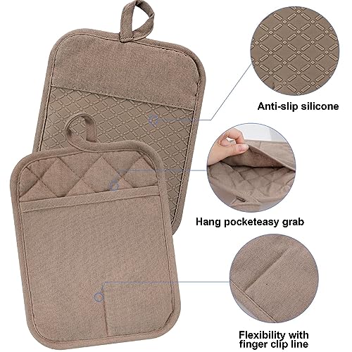 Oven Mitts and Pot Holders with Cooking Apron Set of 5, Heat Resistant Kitchen Gloves and Silicone Non-Slip Potholders, Adjustable Neck Buckle Chef Apron, Cotton Nice Design for Cooking (Coffee) - color: Coffee