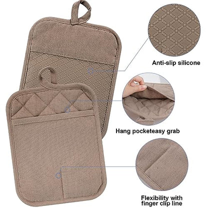 Oven Mitts and Pot Holders with Cooking Apron Set of 5, Heat Resistant Kitchen Gloves and Silicone Non-Slip Potholders, Adjustable Neck Buckle Chef Apron, Cotton Nice Design for Cooking (Coffee) - color: Coffee