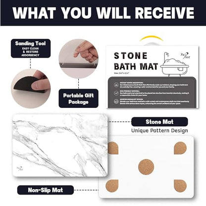 Stone Bath Mat,Diatomaceous Earth Shower Mat,Fast-Drying Stone Bathroom Floor Mat,Absorbent Non-Slip Diatomite Mats for Bathtub,White Marble - color: White Marble-24*16-1 Pack