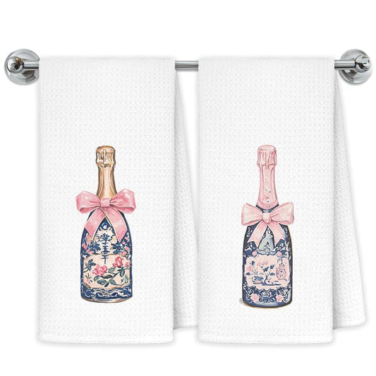 Coquette Pink Bow Chinoiserie Champagne Kitchen Towels, Champagne Lover Gifts Dish Tea Towels for Kitchen Bar Decor, Girly Grandmillennial Decorative Hand Towel, 16x24 Inch Set of 2 - color: Coquette-towels-q