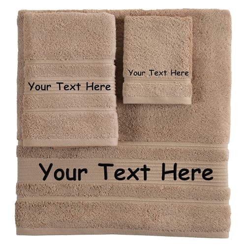 Personalized Custom 3-Piece Towel Set – Bath, Hand & Washcloth – 100% Cotton, Soft & Absorbent – Embroidered Name or Monogram – Hotel Towels for Bathroom, Spa, Hotel, Wedding & Gift – Brown - color: Brown, size: 3 Pcs Towel Set