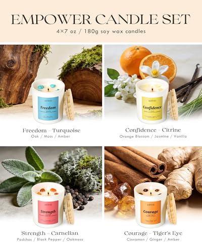 AOOVOO Empower Candles Set for Women - 4 Pack Soy Candles for Home Scented | Aromatherapy Candle with Crystals, Turquoise Freedom /Citrine Confidence /Carnelian Strength /Tiger's Eye Courage - style: Empower Candles Set