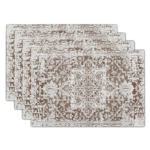 Gray Brown Boho Placemats Set of 4 Ethnic Bohemian Carpet Place Mats Washable Kitchen Dining Vintage Grey Geography Floral Linen Table Mats Stain Heat-Resistant for Home Party Indoor 12x18 in - color: Brown, size: 18x12 Inches