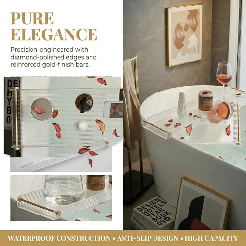 Bathtub Caddy Tray for Luxury Bathroom Bath tub Table Caddy Tray Shelf for Shower with Gold Handles fits All bathtubs - color: Ripple - With Handle