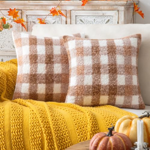 AQOTHES Plaid Fall Throw Pillow Covers Brown White 18x18 Inch Set of 2 | Boucle Decorative Pillow Covers, Autumn Cozy Fluffy Home Farmhouse Decor, for Living Room Sofa Couch Bed, Holiday Decorations - color: Brown White, size: 18" x 18" (Pack of 2)
