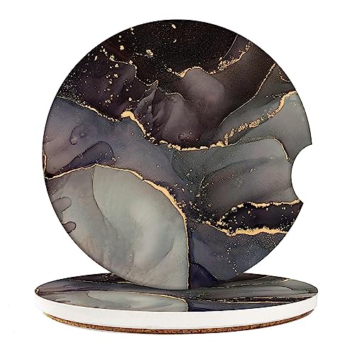 Purple Gold Car Coasters for Drinks, 2 Pcs Ceramic Stone 2.56" | Marble Luxury Waves Absorbent Non-Scratch Cork Base Cupholder Auto Accessories for Women Men - color: Purple