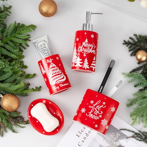 Christmas Bathroom Accessories Set, 4-Piece Ceramic Bathroom Accessory Set Include Lotion Dispenser, Toothbrush Holder Tumbler, and Soap Dish (Red) - color: Red