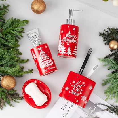 Christmas Bathroom Accessories Set, 4-Piece Ceramic Bathroom Accessory Set Include Lotion Dispenser, Toothbrush Holder Tumbler, and Soap Dish (Red) - color: Red