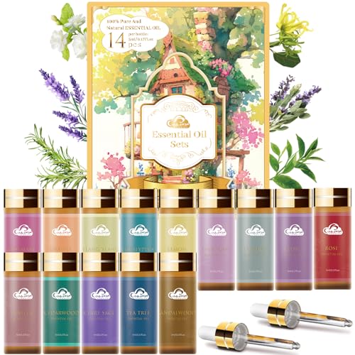 Fragrance Essential Oils Set - 14pcs, Aromatherapy Oils for Skin, Diffusers, Home Care, Humidifier Laundry, Candle Making - Tea Tree, Sandalwood, Lavender, Vanilla, Eucalyptus and More (5mL) - color: 14 Pack Essential Oil Set Yellow