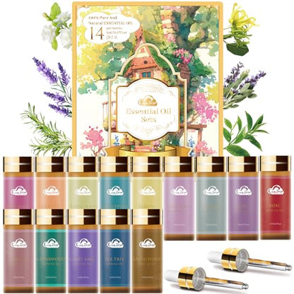 Fragrance Essential Oils Set - 14pcs, Aromatherapy Oils for Skin, Diffusers, Home Care, Humidifier Laundry, Candle Making - Tea Tree, Sandalwood, Lavender, Vanilla, Eucalyptus and More (5mL) - color: 14 Pack Essential Oil Set Yellow