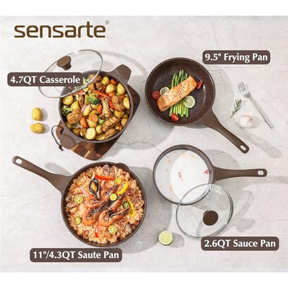 SENSARTE Nonstick Cookware Set 13-Piece, Healthy Pots and Pans Set Kitchen Cooking Set with Stay-Cool Handles, Silicone Utensils and Pot Protectors, PFOA Free - color: Toffee Brown