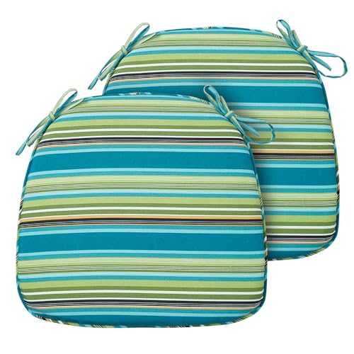 FUNHOME Indoor/Outdoor Chair Cushions Set of 2, 17x16x2Inch-Green Stripe | Round Corner Patio Chair Pads with Ties, Water-Resistant, Patio Seat Cushions for Home Garden Furniture Decoration - color: Green Stripe, size: Set of 2