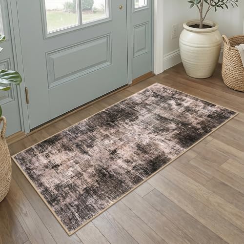Abstract Runner Rug 2x4 Ft Entryway Rugs Washable Door Mat Indoor Entrance, Rubber Backed Entryway Runners, Printed Faux Wool Non Slip Floor Carpet for Foyer Front Door Sink, Brown/Rust - color: Brown/Rust, size: 2' x 4' (Rectangular)