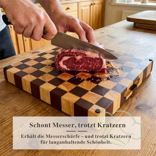 Checkered End Grain Butcher Block Cutting Board | 13" x 13" x 1.5" Thick | Acacia & Rubber Wood | Reversible | Heavy Duty Food Prep & Serving - color: Checkered Square