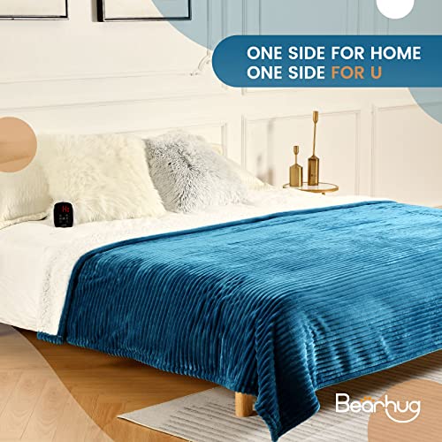 Bearhug Electric Heated Blanket, 62"x84" Ribbed Flannel & Sherpa Fast Heating Blanket, 10 Heating Levels & 1-12H Auto Off, Over-Heat Protect, ETL, Machine Washable - color: Navy Blue-flannel & Sherpa, size: Twin Size 62" × 84"