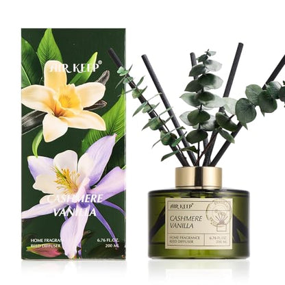 Reed Diffuser Set with 6.76 fl oz Cashmere Vanilla Scent Essential Oils and 3 Leaves & 8 Diffuser Sticks,Bathroom Shelf Decor & Air Freshener, House Bedroom Office Decor & Gifts - size: 6.76 Ounce/1 pack