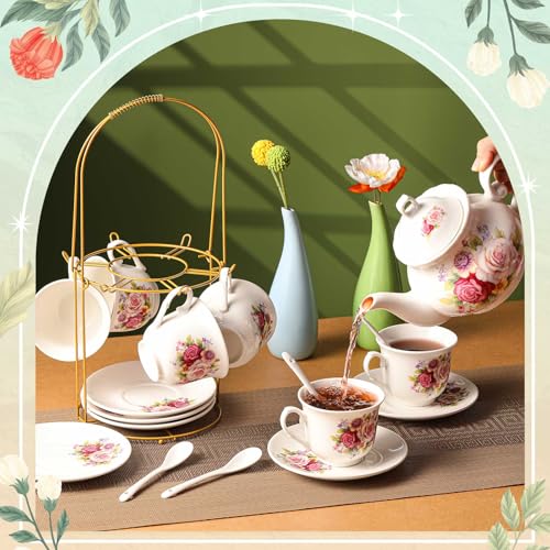 Zhehao 20 Pcs Porcelain Tea Set with Metal Holder and Spoon Adult Ceramic Tea Set European Flower Painting Teapot Cup Saucer Spoon for Women Mom Gift, Large Version (Modern Style) - color: Modern Style