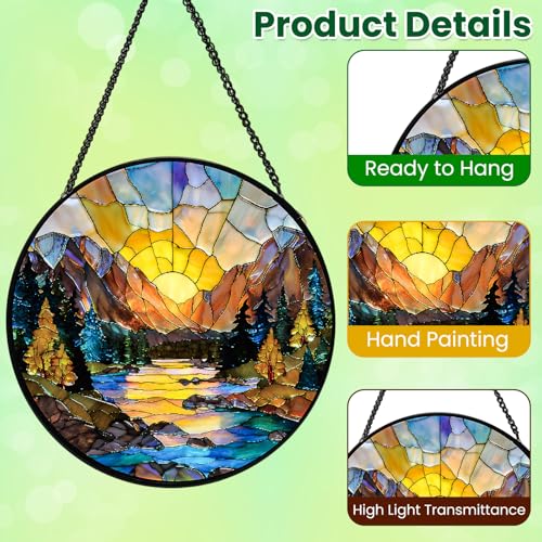 Stained Glass Window Hanging, Sunset Mountains Lake Tree Stained Glass Sun Catcher, Window Decor Scenery Lover Gift for Women, Couples, Best Friend, Family, Colleague, Classmate 7.8 Inch