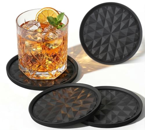 Silicone Drink Coasters Set of 4, Coaster for Desk | Prevents Condensation&Spills, Non-Slip, Reusable&Easy Clean, Diamond Pattern, Stylish Office&Home Decor, Gift idea, Black - color: Black, size: 4×3.9inches