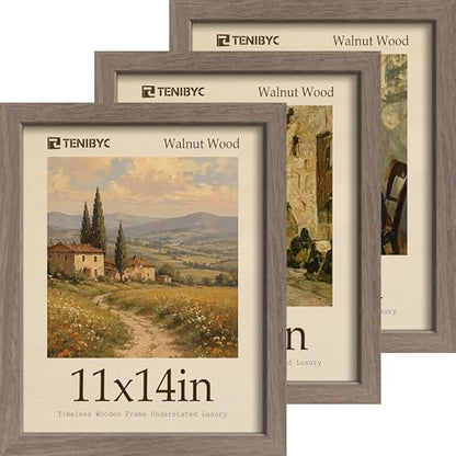 11x14 Walnut Picture Frame 3 Pack with HD Glass - Natural, Solid Wood Poster Frame, Wall Gallery Frame - color: Walnut, size: 11 X 14, style: 3 Pack