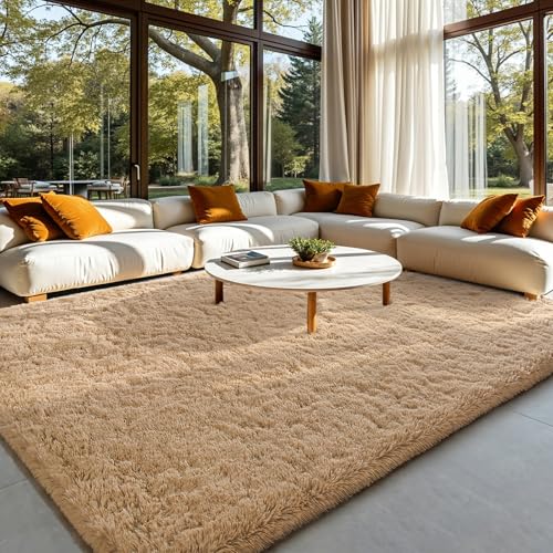 HOMORE Light Tan Rugs for Living Room, Shag Rug 5x7 Fluffy Area Rug for Bedroom, Modern Non Slip Carpet for Liivng Room, Cute Rugs and Carpets for Kids Nursery Home Dorm Decor | Modern,Soft,Shaggy,Easy Clean Carpet for Boys Girls Room - color: Light Tan,