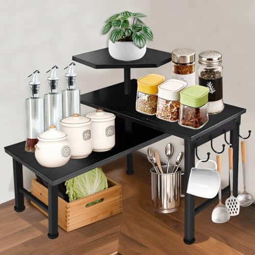 Counter Organizer Shelf, 3 Tier Moveable Black Corner Shelf Organizer with Hook, Counter Shelf for Kitchen Bathroom Spice Rack Coffee Area Over Sink Dresser Table (Black) - color: Black
