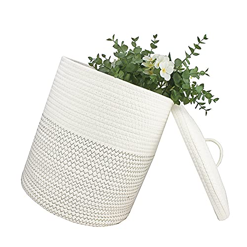 Yimi's Dream Woven Basket with Lid, Decorative Rope Storage Baskets for Organizing, medium Baskets for Baby, Kids, Toys, Blanket, Woven Baskets for Storage (White & Blacksuture, 12D x 13.5H inch) | Cotton Rope Covered Basket for Baby Laundry, Toy, Entrywa