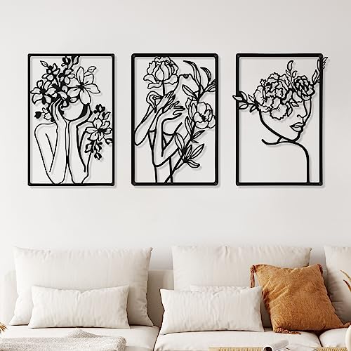 CHENGU 3 Pieces Metal Minimalist Abstract Woman Wall Art Line Drawing Wall Art Decor Single Line Female Home Hanging for Kitchen Bathroom Living Room - style: Classic