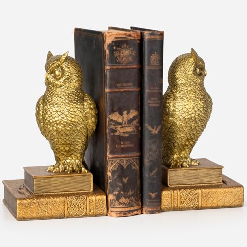 Decorative Owl Bookends, Book Ends for Shelves, Vintage Resin Bookends with Anti-Slip Base for Books Lovers Home Office Decor Book Holder (Gold) - color: Gold