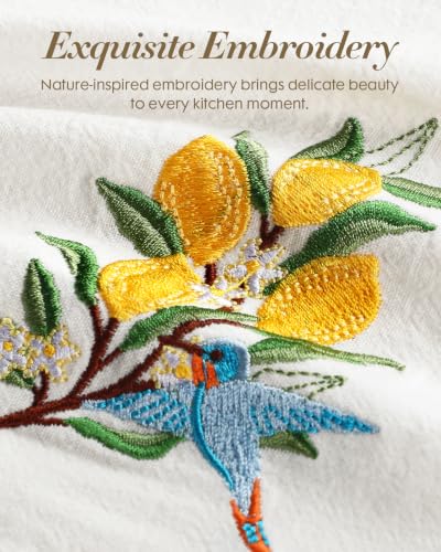 Embroidered Flour Sack Kitchen Towels, Lemon Branch | Exquisite Embroidery, Pure Cotton, Lightweight, Nostalgic Design, with Hanging Loop, Softer After Wash, Machine Washable - color: Lemon Branch